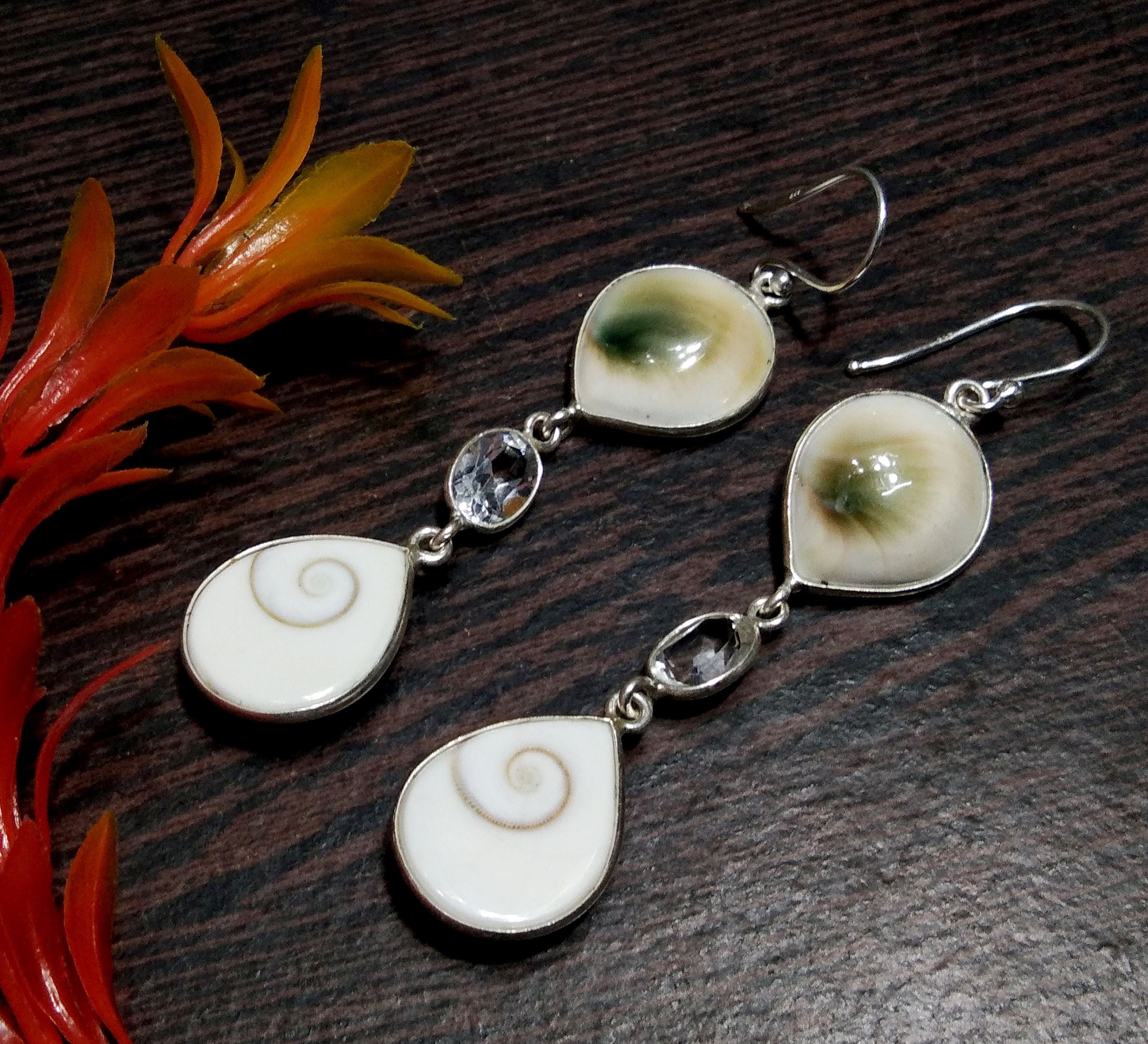 Natural Shiva Eye Shell Stone Earring, 925 Solid Starling Silver Earring, Beautiful Shiva Eye Shell/Topaz Stone Size 17x14 mm Gift Earring